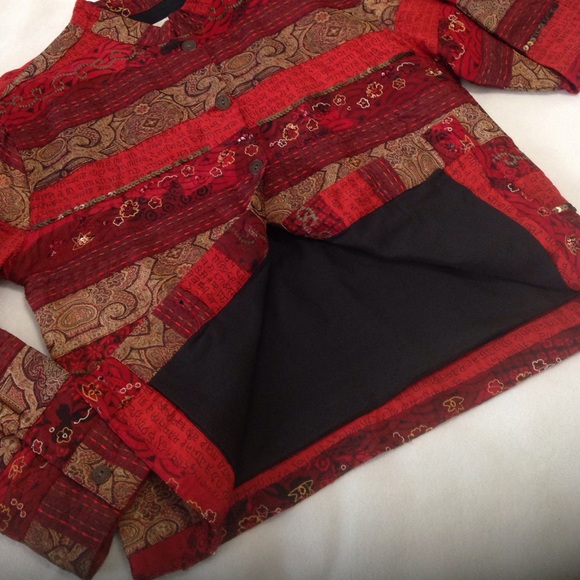 Chicos Jacket Blazer Red & Gold Color Block Mixed Mediums Patchwork Lined Size 1 - Picture 7 of 9
